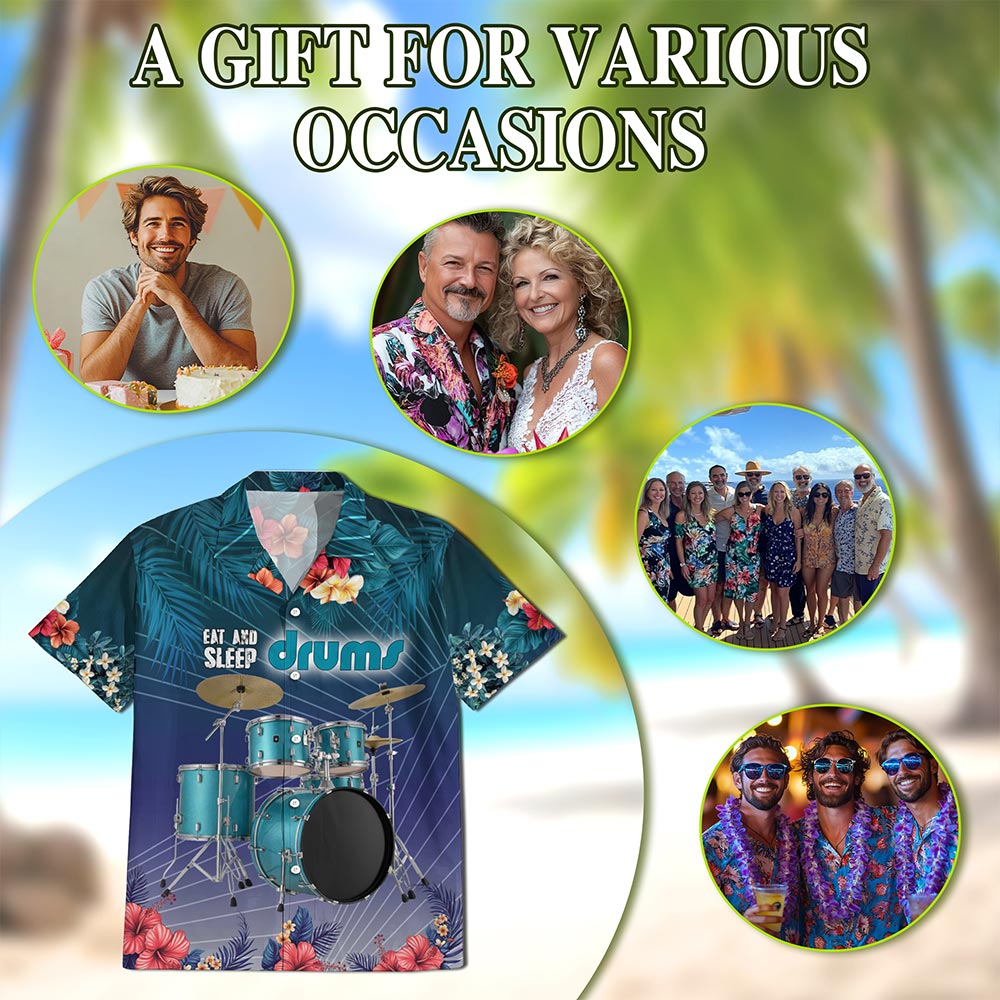 Netecom Eat And Sleep Drums Hawaiian Shirt for Men, Button Down Summer Beach Short Sleeve, S-5XL
