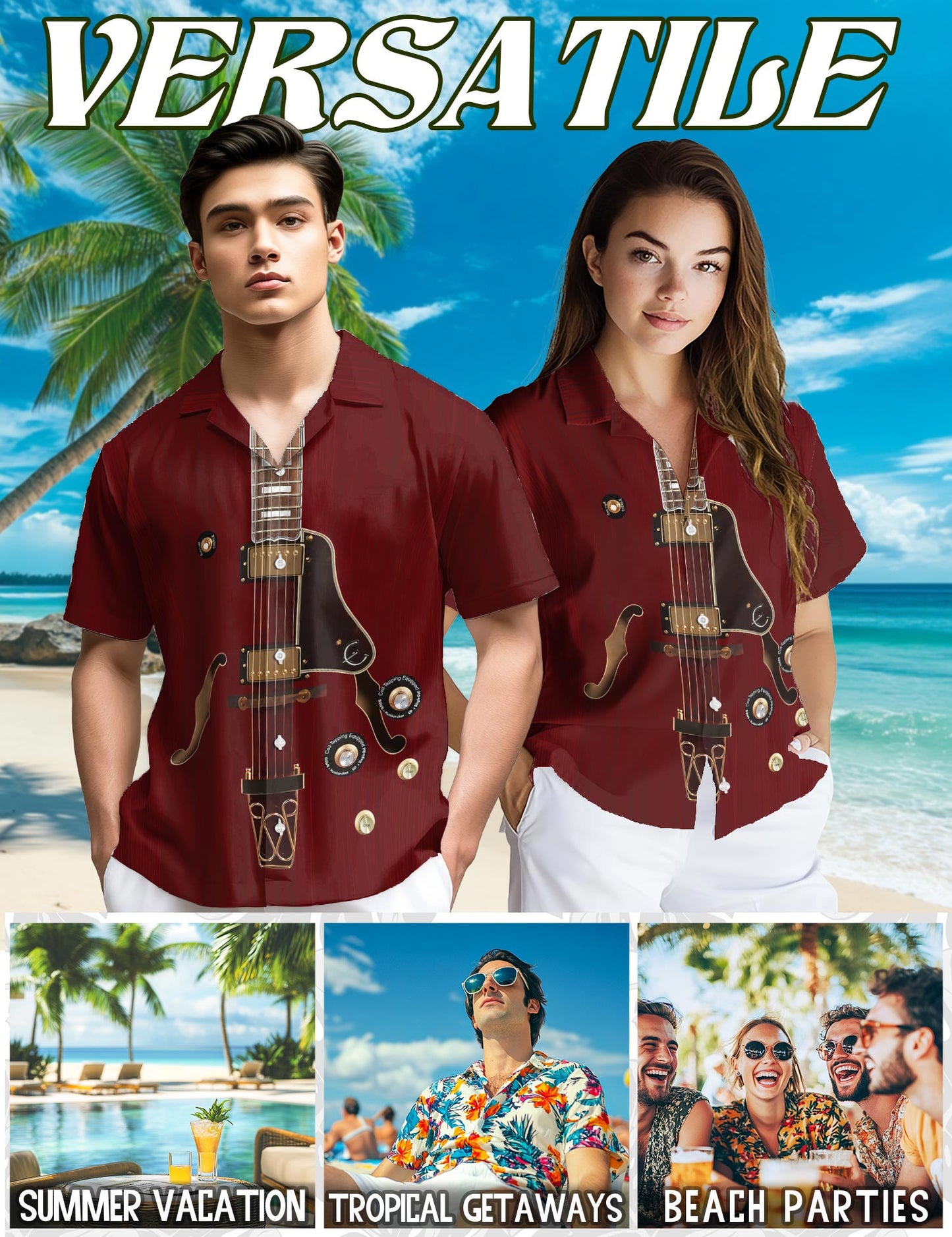 Netecom Electric Guitar Hawaiian Shirt for Men, Vintage Style, Button Down Summer Beach Short Sleeve, S-5XL