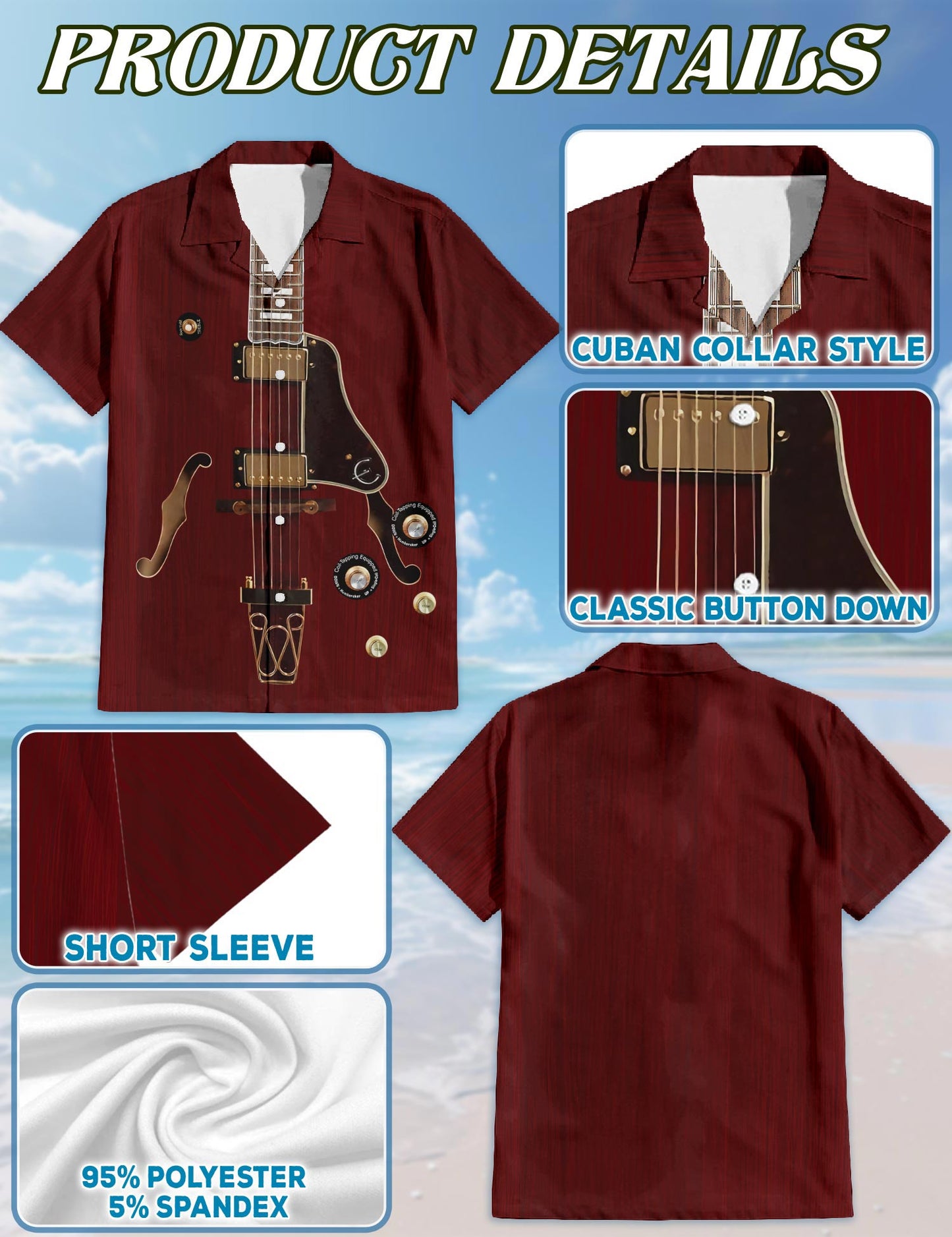 Netecom Electric Guitar Hawaiian Shirt for Men, Vintage Style, Button Down Summer Beach Short Sleeve, S-5XL