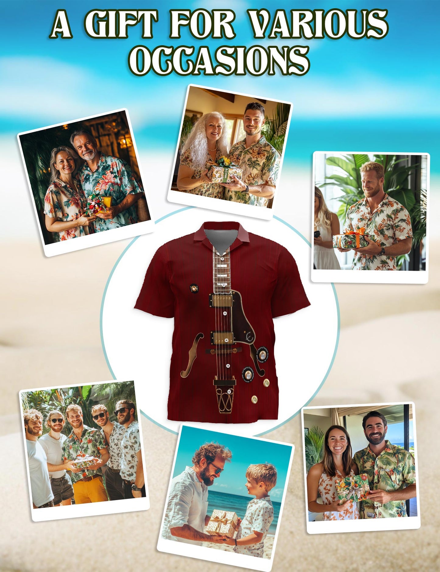 Netecom Electric Guitar Hawaiian Shirt for Men, Vintage Style, Button Down Summer Beach Short Sleeve, S-5XL