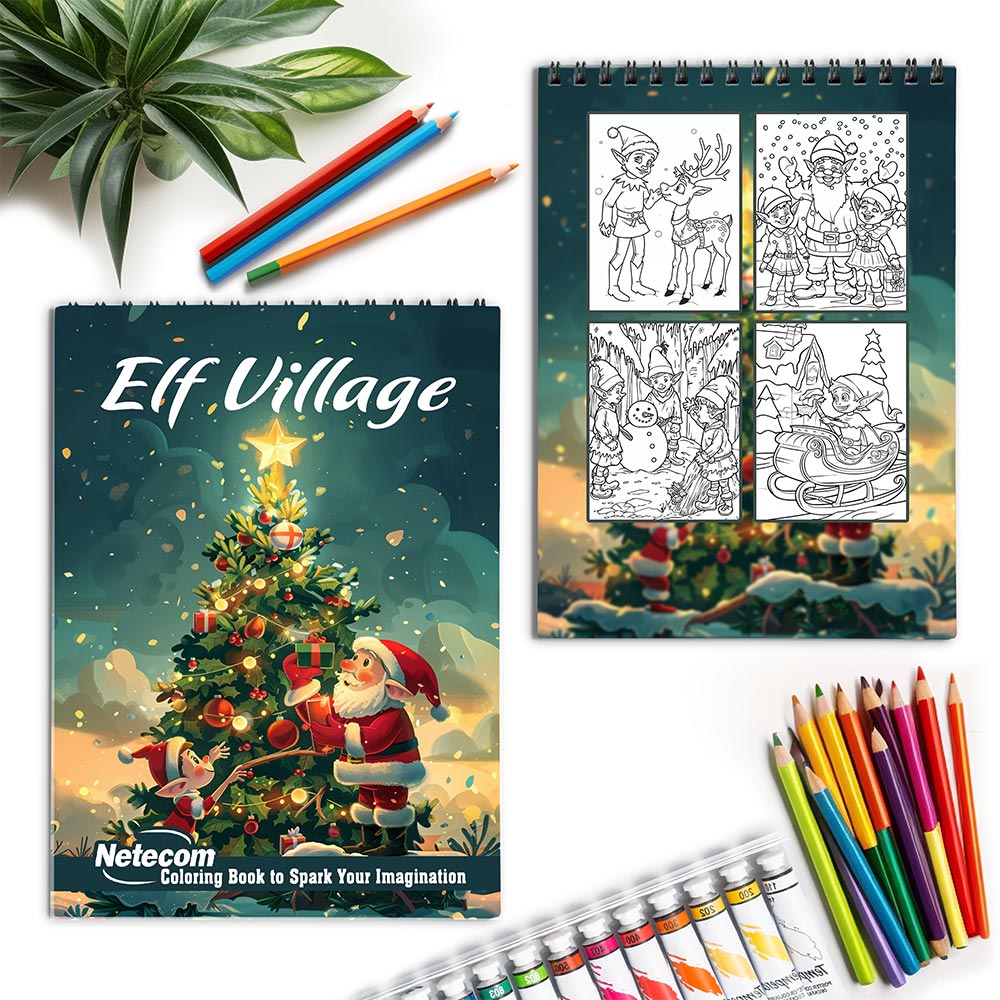 Netecom Elf Village Spiral Coloring Book for Adults