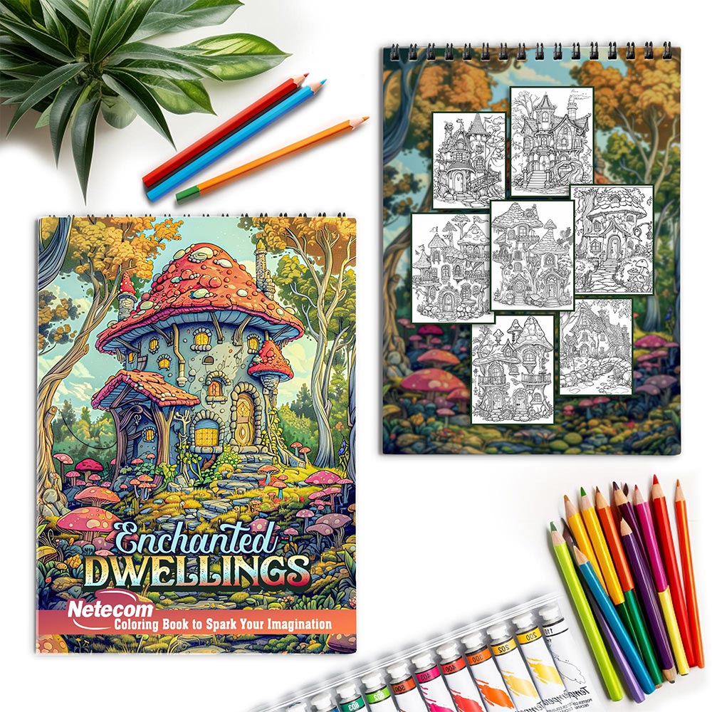 Netecom Enchanted Dwellings Spiral Coloring Book for Adults