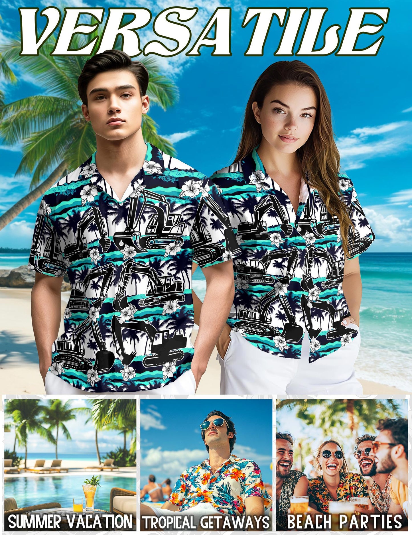 Netecom Excavator Green Coconut Hawaiian Shirt for Men, Tropical Style, Button Down Summer Beach Short Sleeve, S-5XL