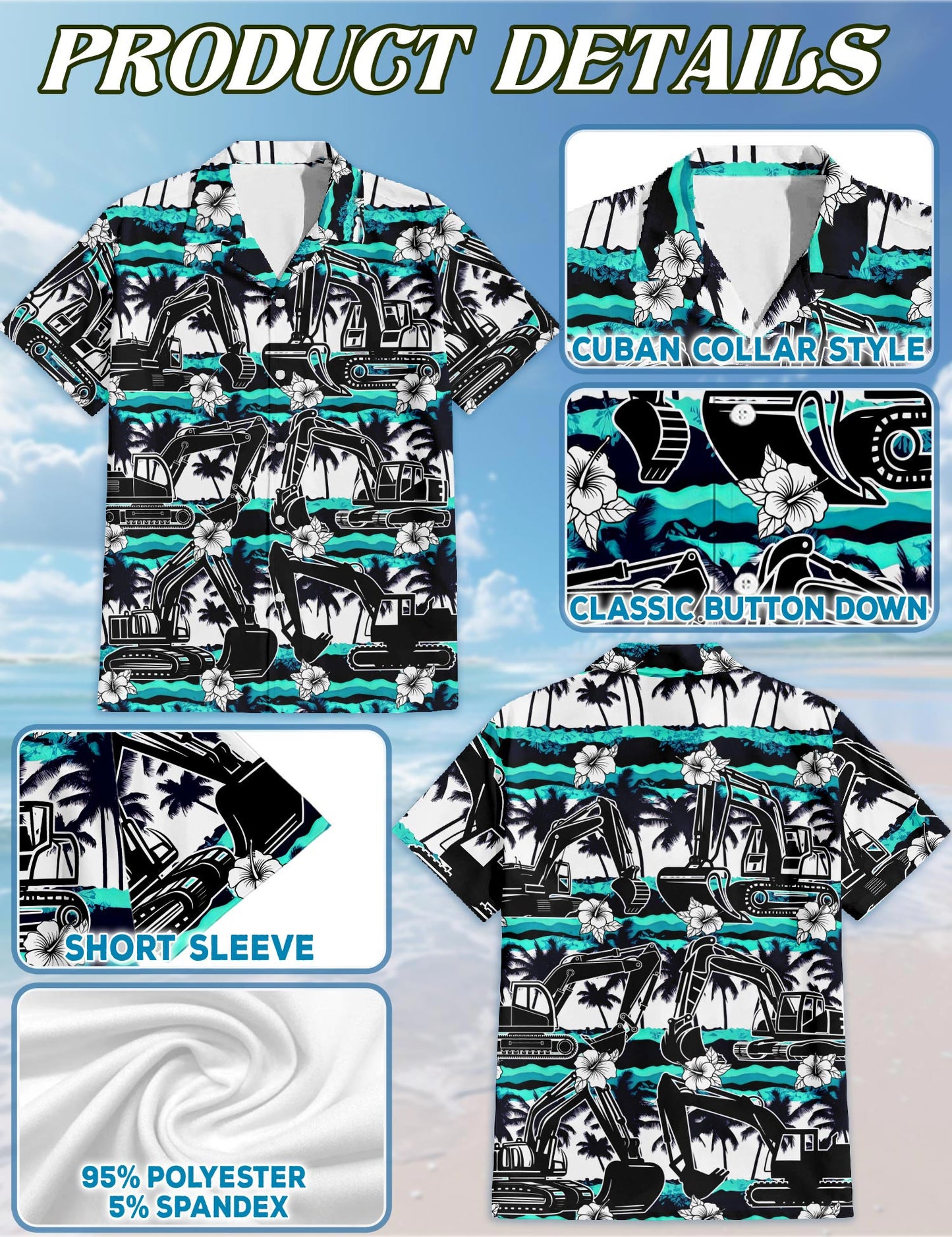 Netecom Excavator Green Coconut Hawaiian Shirt for Men, Tropical Style, Button Down Summer Beach Short Sleeve, S-5XL