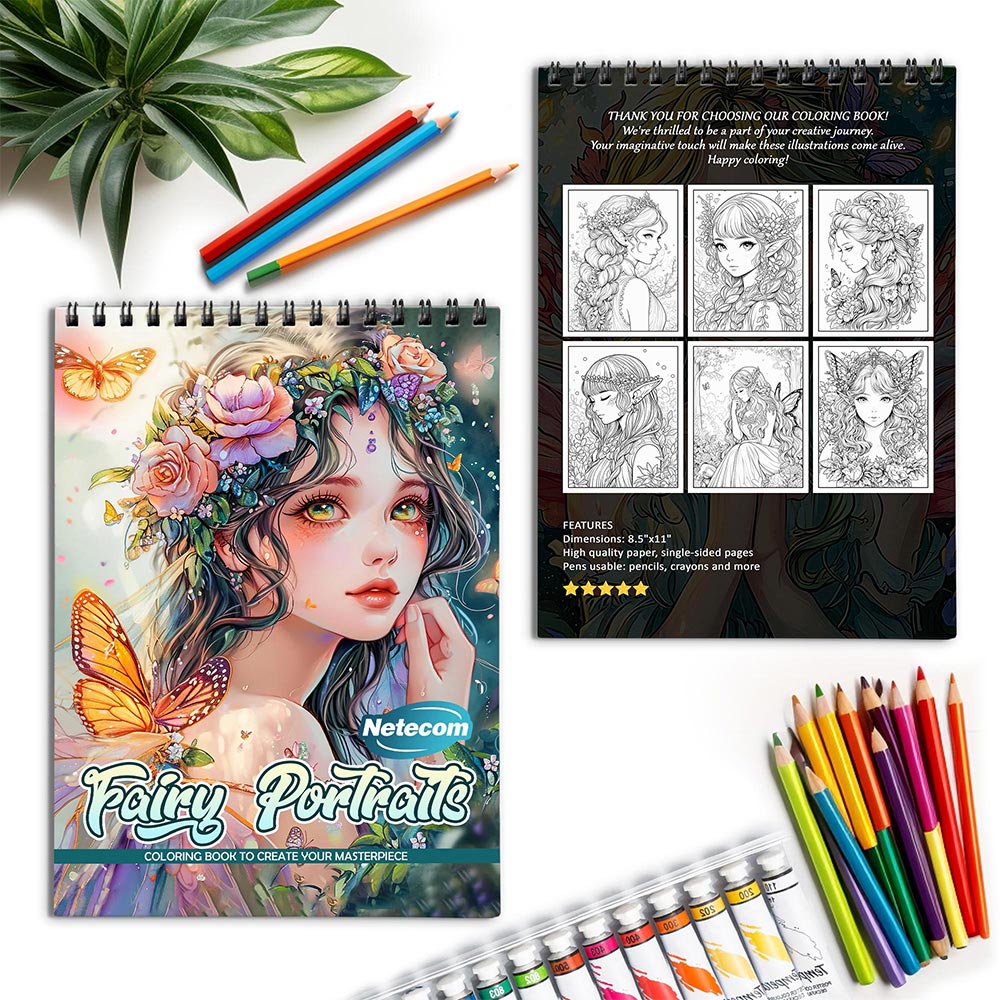 Netecom Fairy Portraits Spiral Coloring Book for Adults