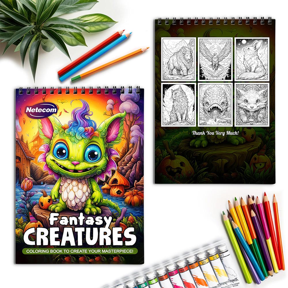 Netecom Fantasy Creatures Spiral Coloring Book for Adults
