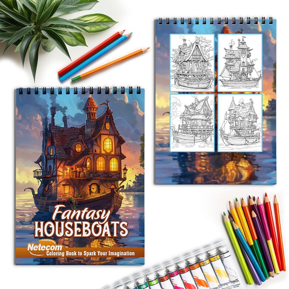 Netecom Fantasy Houseboats Spiral Coloring Book for Adults
