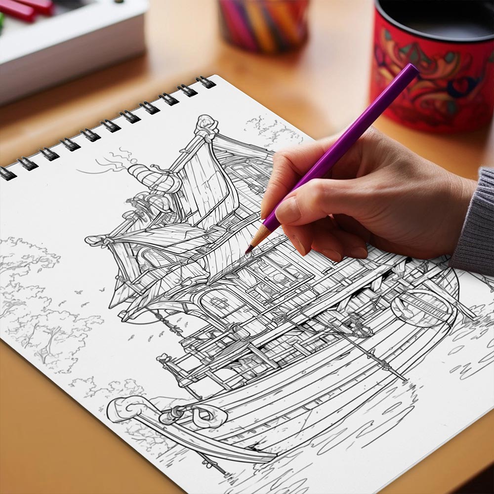 Netecom Fantasy Houseboats Coloring Book Spiral Bound for Adults