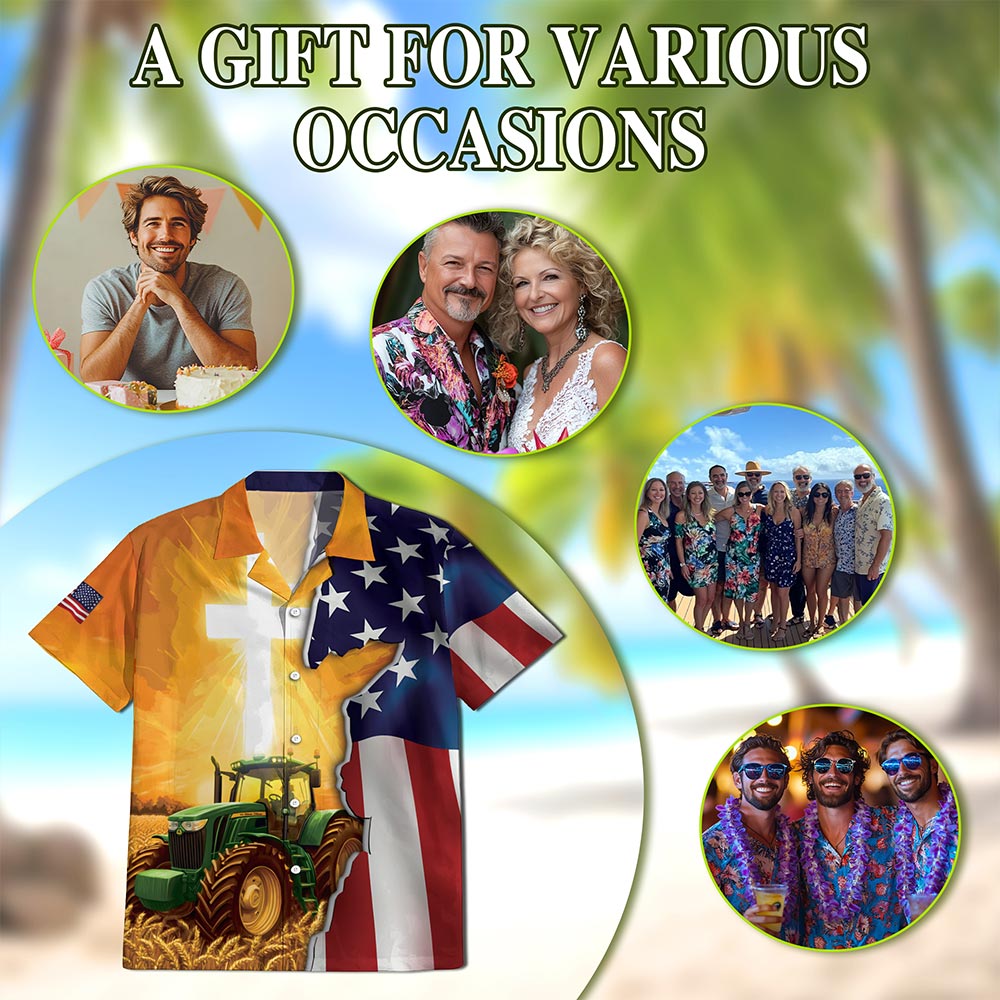 Netecom Farmer Tractors American Flag Hawaiian Shirt for Men, Patriotic Farming Button Down Summer Beach Short Sleeve, S-5XL