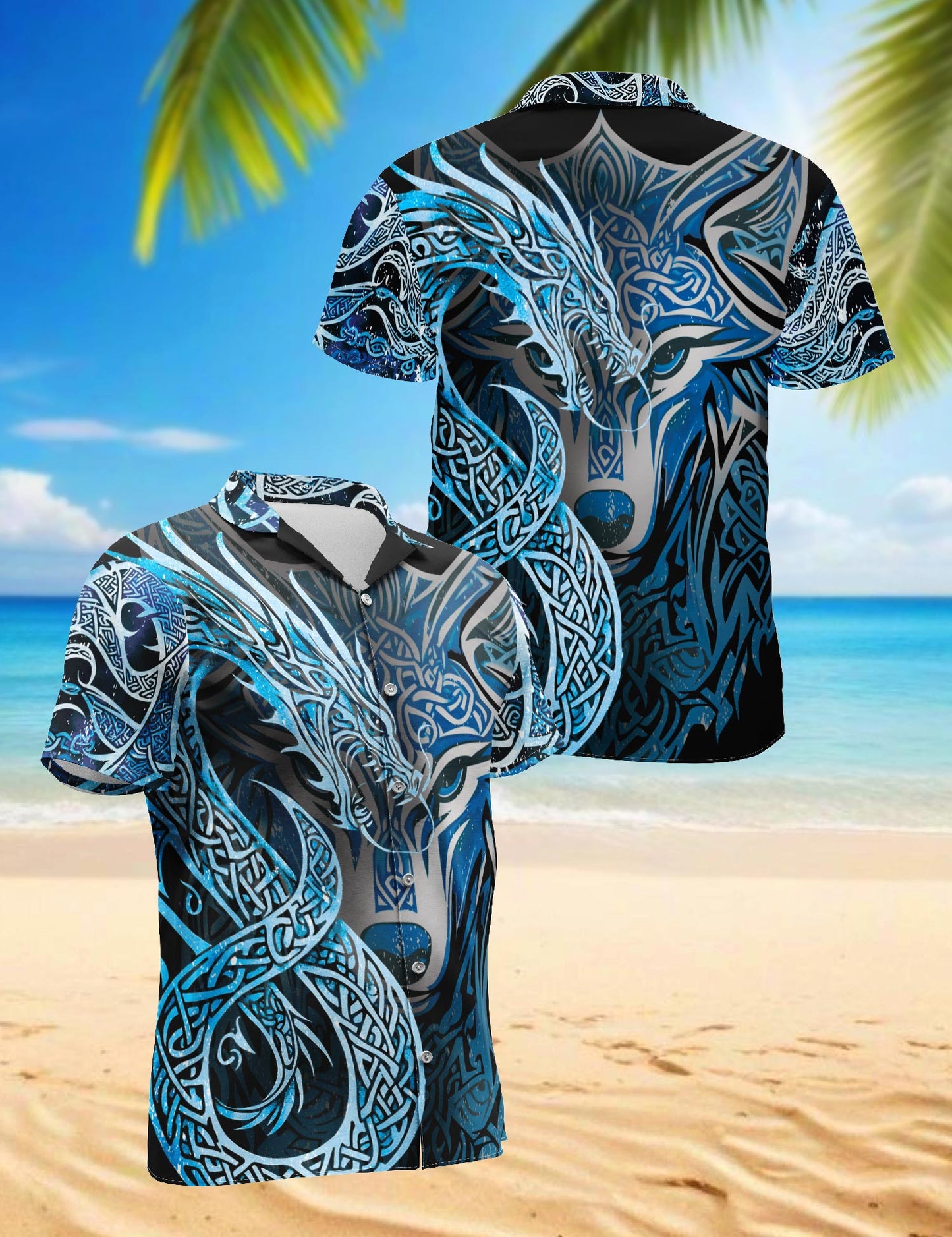 Netecom Fenrir Blue Hawaiian Shirt for Men, Button Down Summer Beach Short Sleeve, Fenrir Lover Gift, Sizes S-5XL