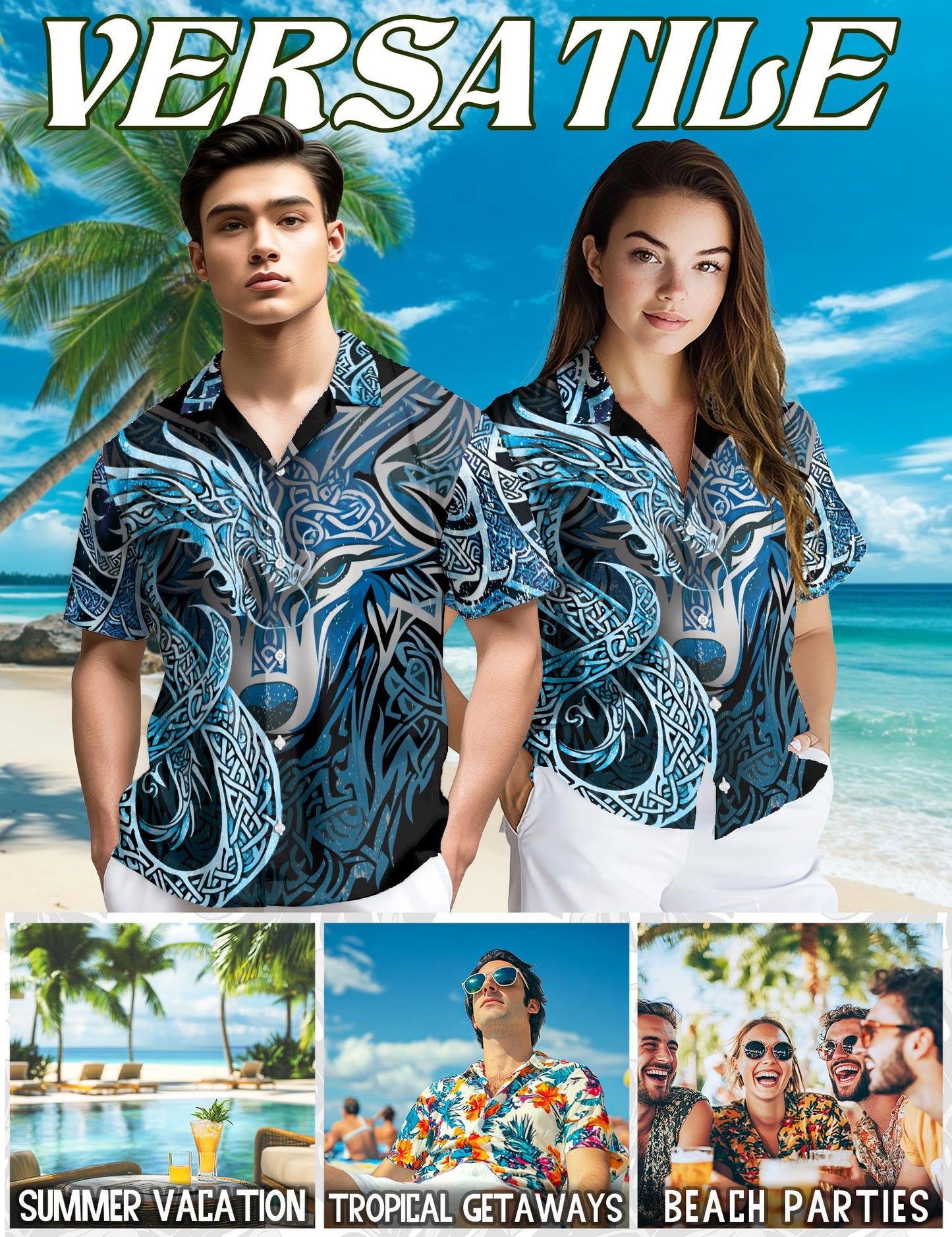 Netecom Fenrir Blue Hawaiian Shirt for Men, Button Down Summer Beach Short Sleeve, Fenrir Lover Gift, Sizes S-5XL