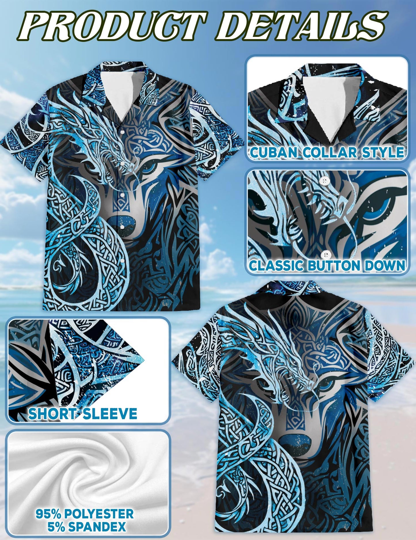 Netecom Fenrir Blue Hawaiian Shirt for Men, Button Down Summer Beach Short Sleeve, Fenrir Lover Gift, Sizes S-5XL
