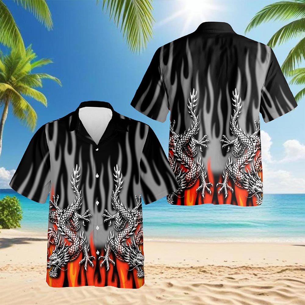 Netecom Fire Dragon Hawaiian Shirt for Men, Mythical Style, Button Down Summer Beach Short Sleeve, S-5XL