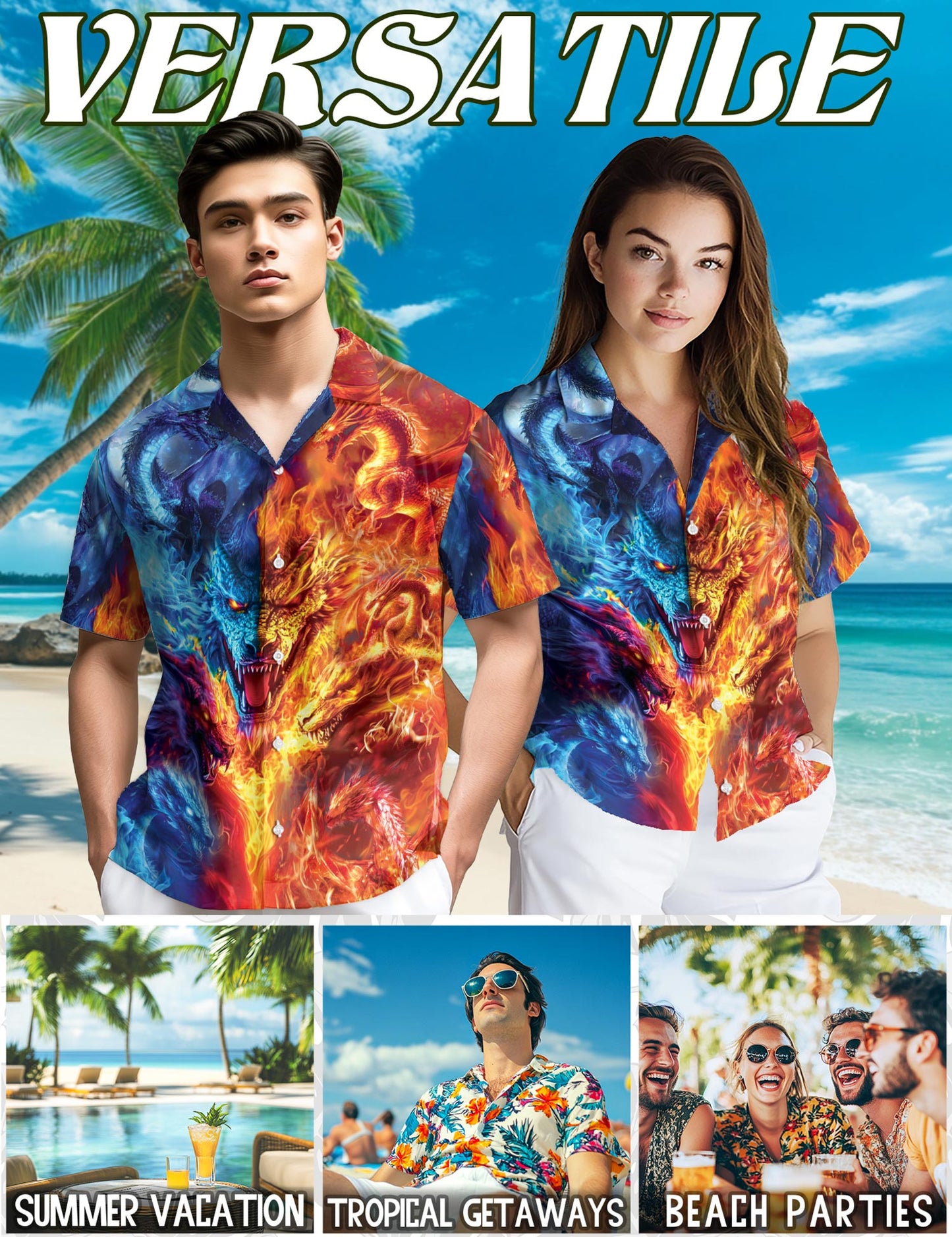 Netecom Fire Dragon Hawaiian Shirt for Men, Button Down Summer Beach Short Sleeve, S-5XL