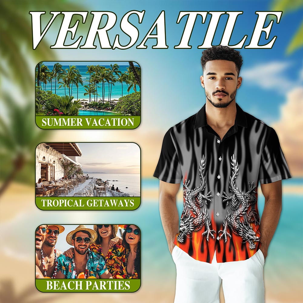 Netecom Fire Dragon Hawaiian Shirt for Men, Mythical Style, Button Down Summer Beach Short Sleeve, S-5XL