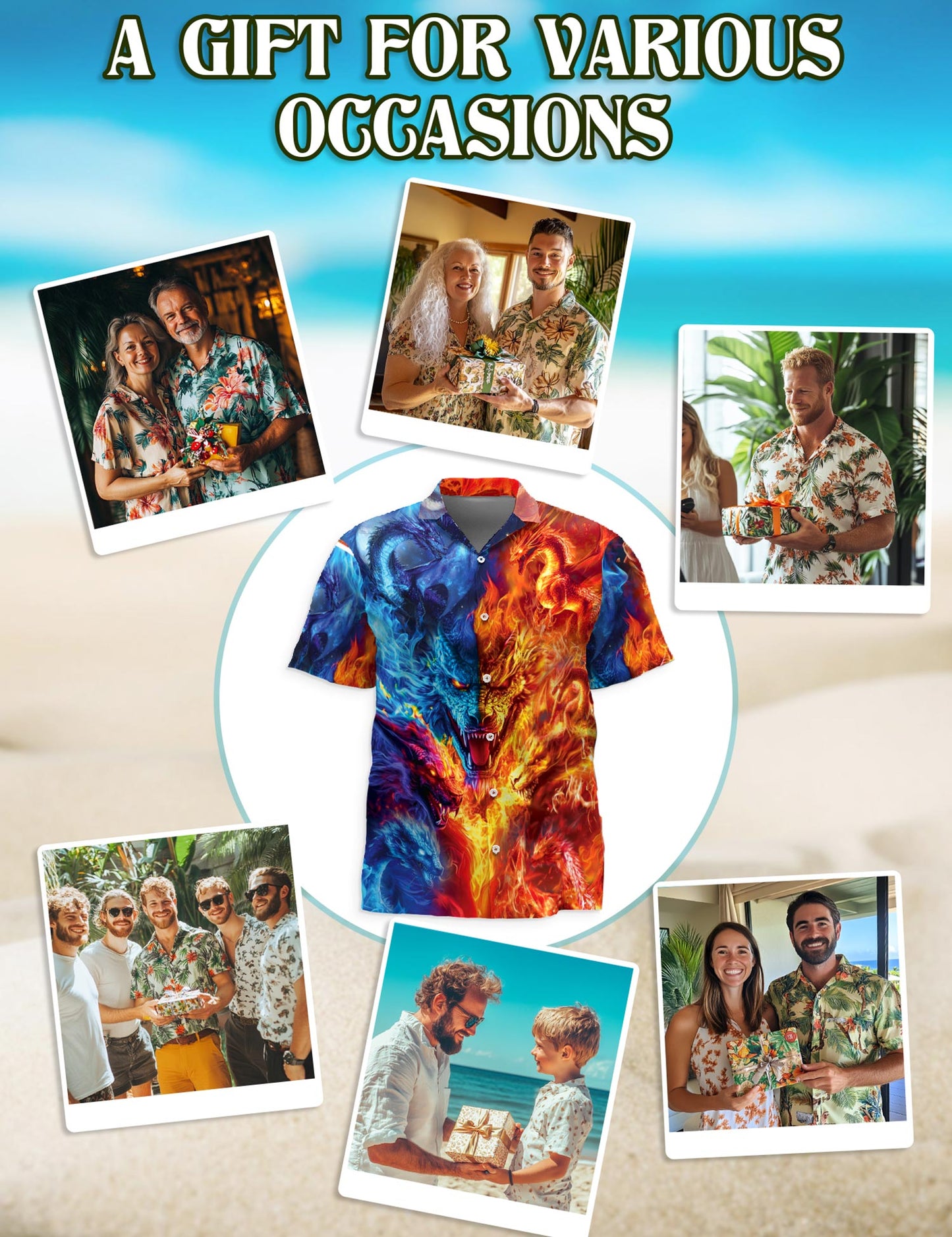 Netecom Fire Dragon Hawaiian Shirt for Men, Button Down Summer Beach Short Sleeve, S-5XL