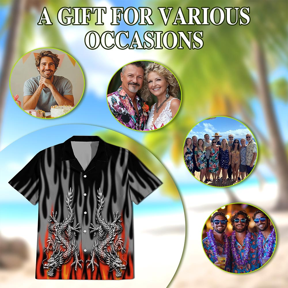 Netecom Fire Dragon Hawaiian Shirt for Men, Mythical Style, Button Down Summer Beach Short Sleeve, S-5XL