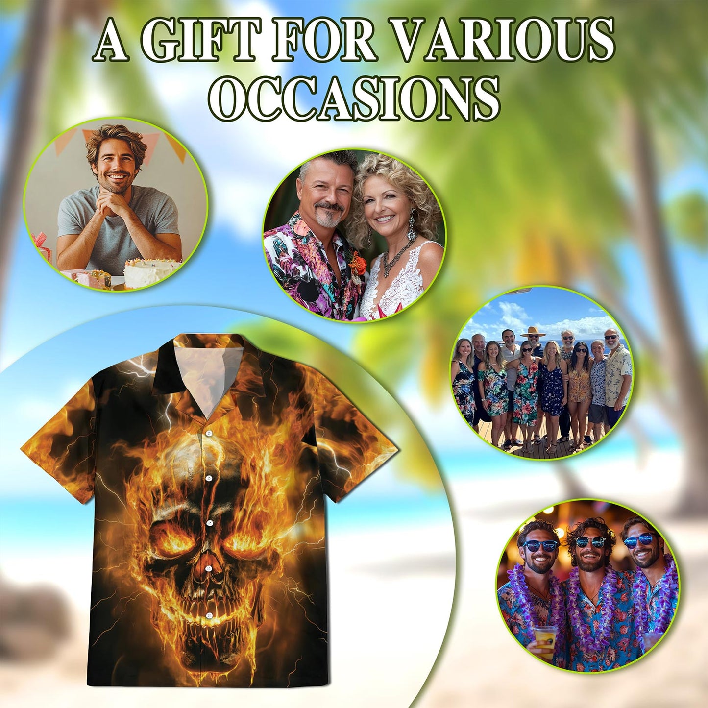 Netecom Fire Ghost Cool Black Hawaiian Shirt for Men, Button Down Summer Beach Short Sleeve, Sizes S-5XL