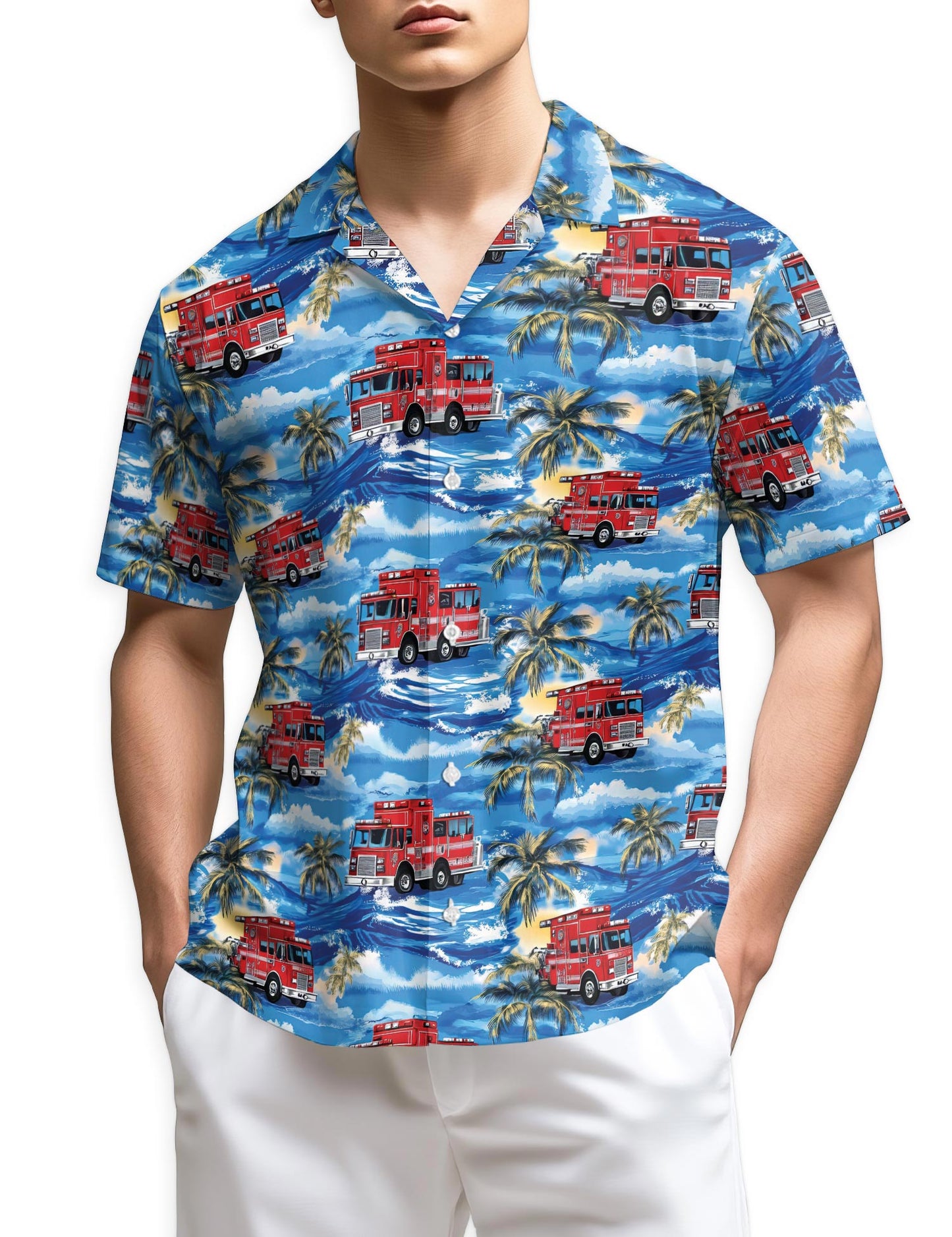Netecom Fire Truck Firefighter Blue Palm Tree Hawaiian Shirt for Men