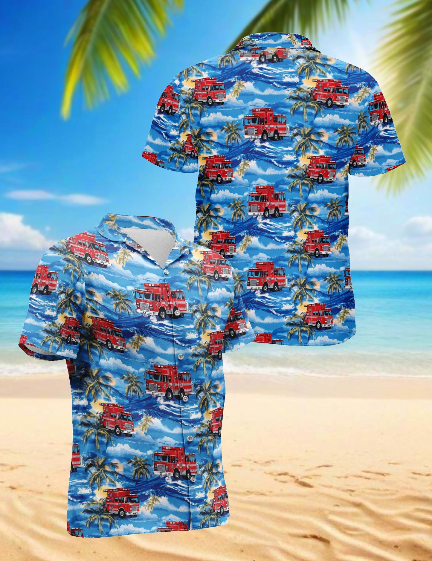 Netecom Fire Truck Firefighter Blue Palm Tree Hawaiian Shirt for Men, Button Down Summer Beach Short Sleeve, S-5XL