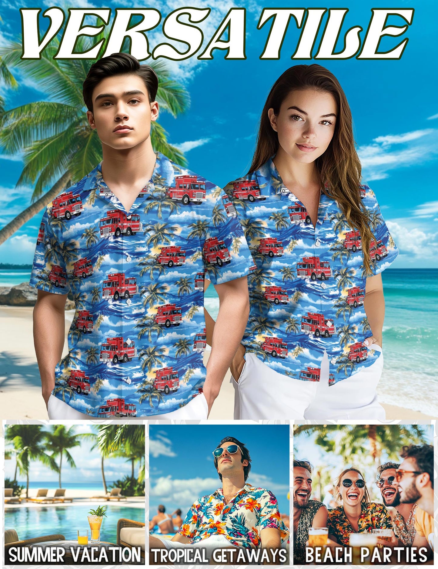 Netecom Fire Truck Firefighter Blue Palm Tree Hawaiian Shirt for Men, Button Down Summer Beach Short Sleeve, S-5XL