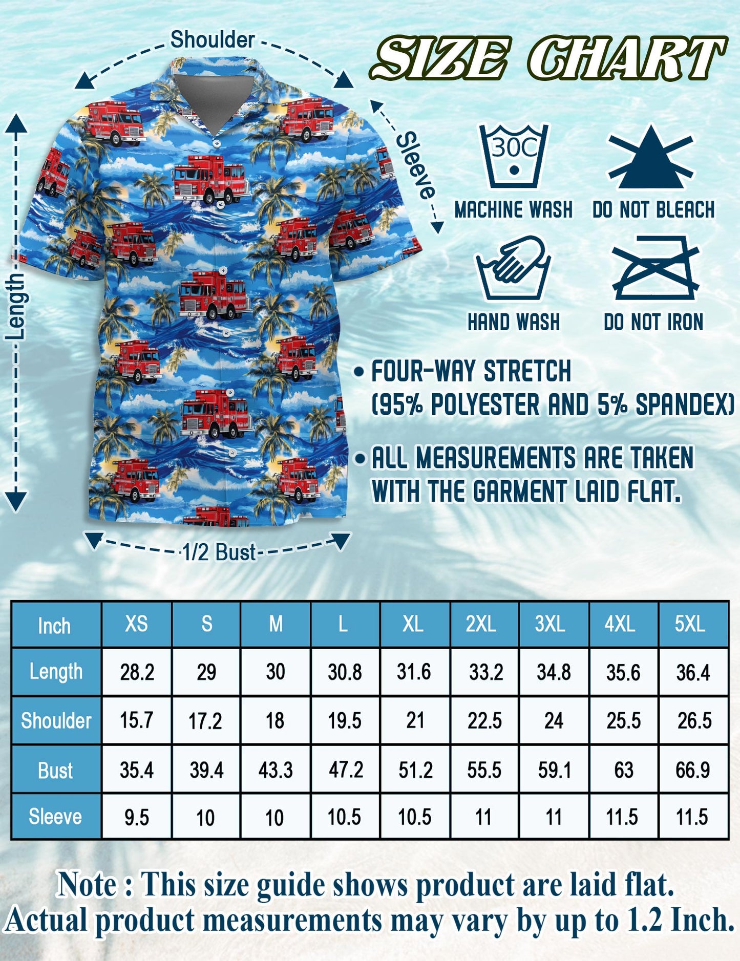 Netecom Fire Truck Firefighter Blue Palm Tree Hawaiian Shirt for Men, Button Down Summer Beach Short Sleeve, S-5XL