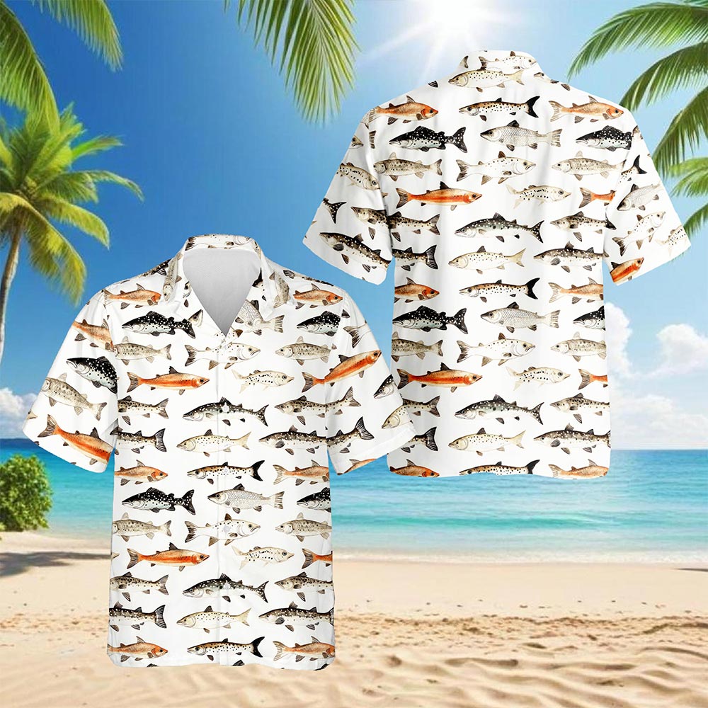 Netecom Fish Pattern Hawaiian Shirt for Men, Vintage Style, Button Down Summer Beach Short Sleeve, S-5XL