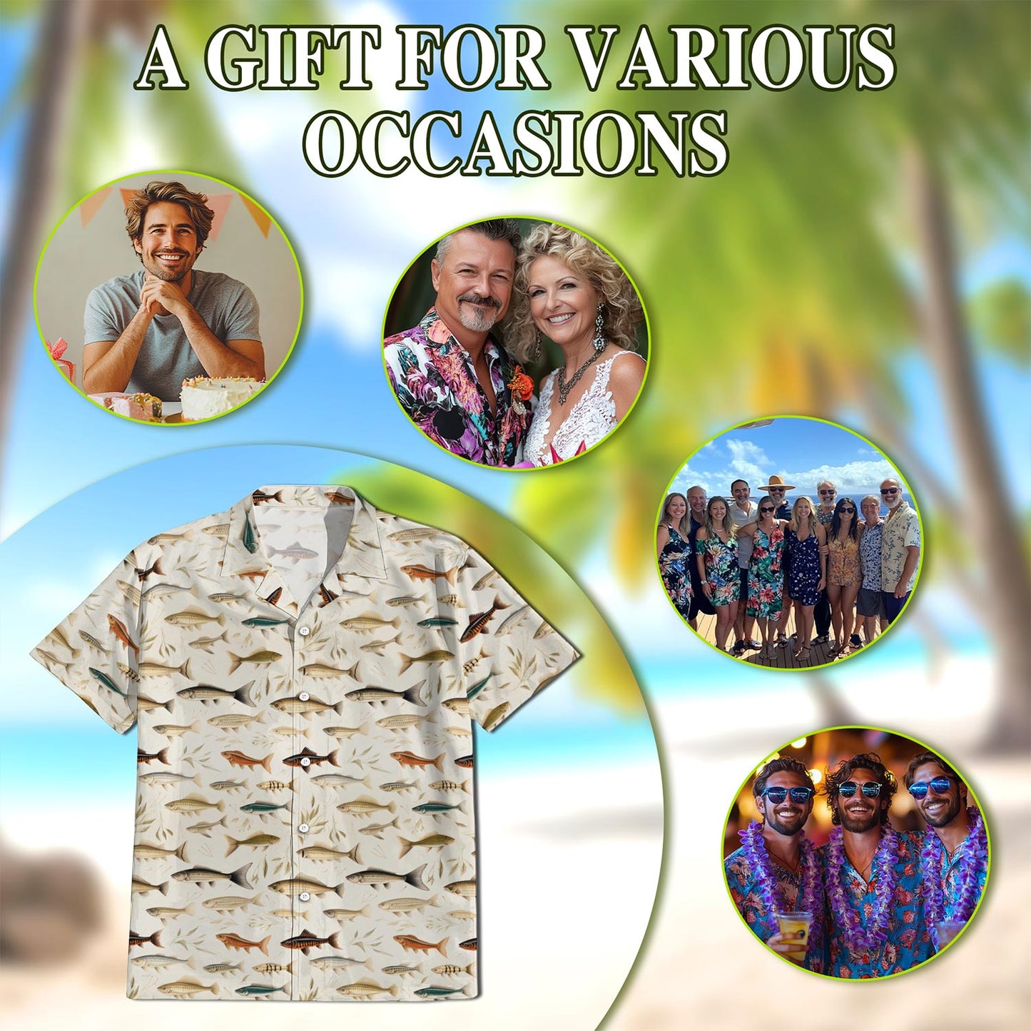 Netecom Fish Pattern Hawaiian Shirt for Men, Button Down Summer Beach Short Sleeve, Vintage Style, S-5XL