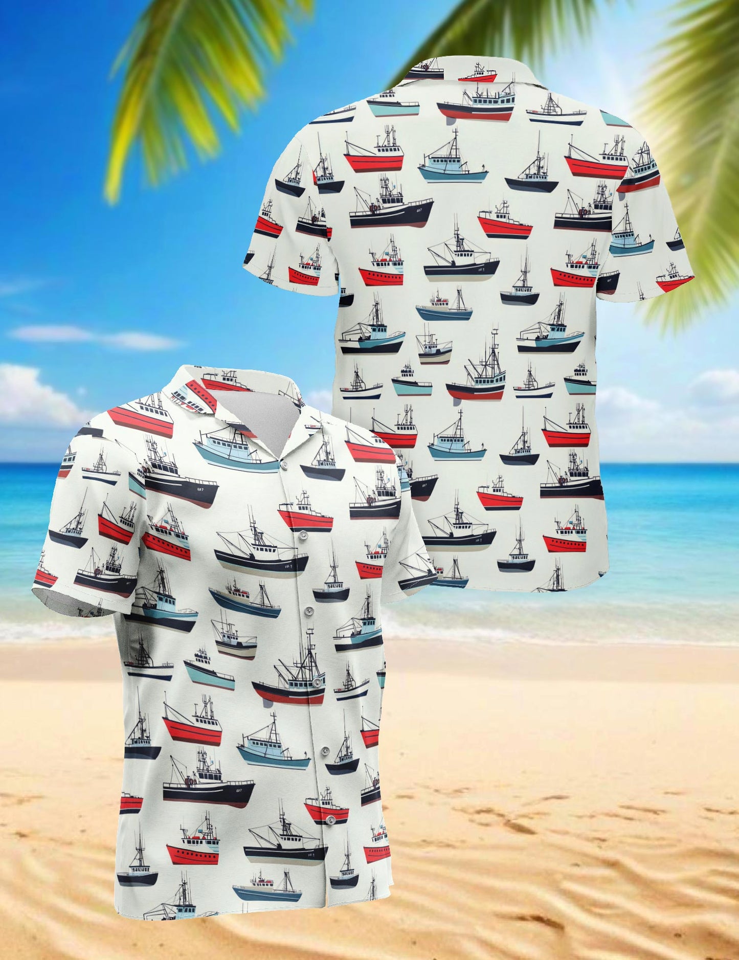 Netecom Fishing Boat Hawaiian Shirt for Men, Vintage Style, Button Down Summer Beach Short Sleeve, S-5XL