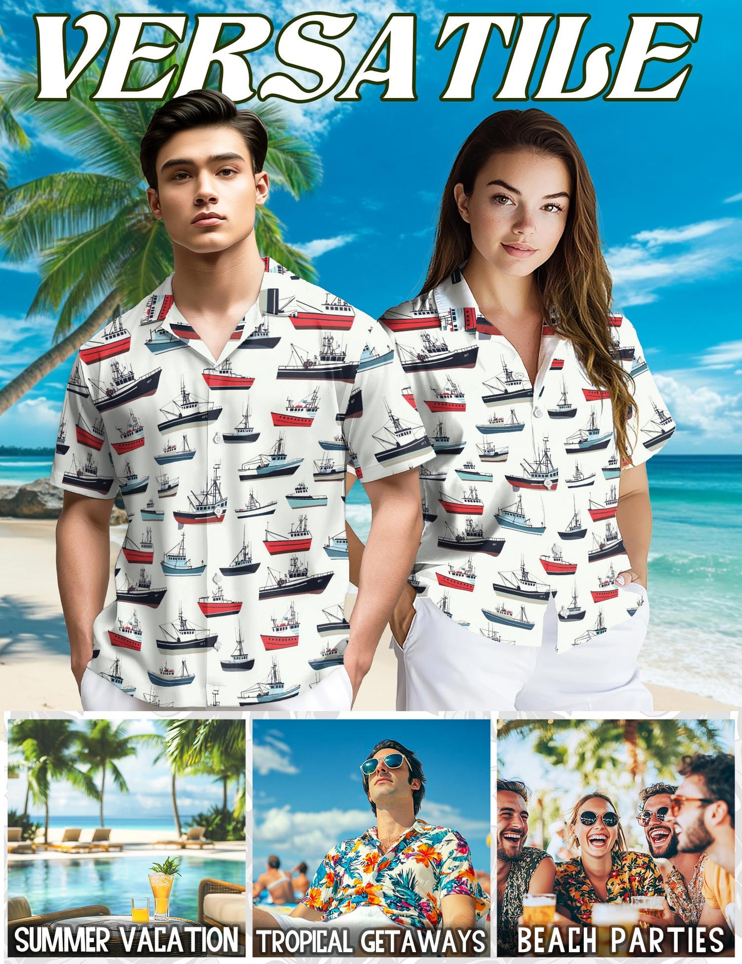 Netecom Fishing Boat Hawaiian Shirt for Men, Vintage Style, Button Down Summer Beach Short Sleeve, S-5XL