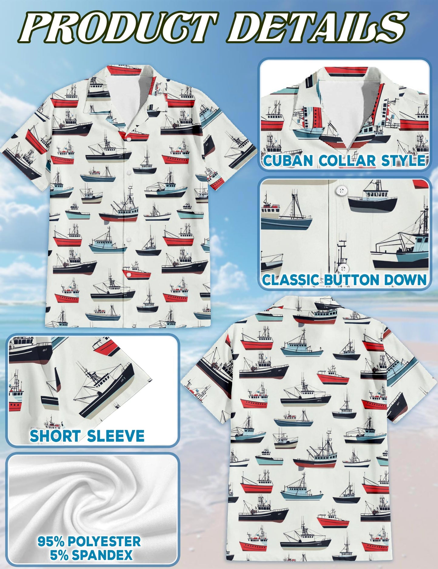 Netecom Fishing Boat Hawaiian Shirt for Men, Vintage Style, Button Down Summer Beach Short Sleeve, S-5XL