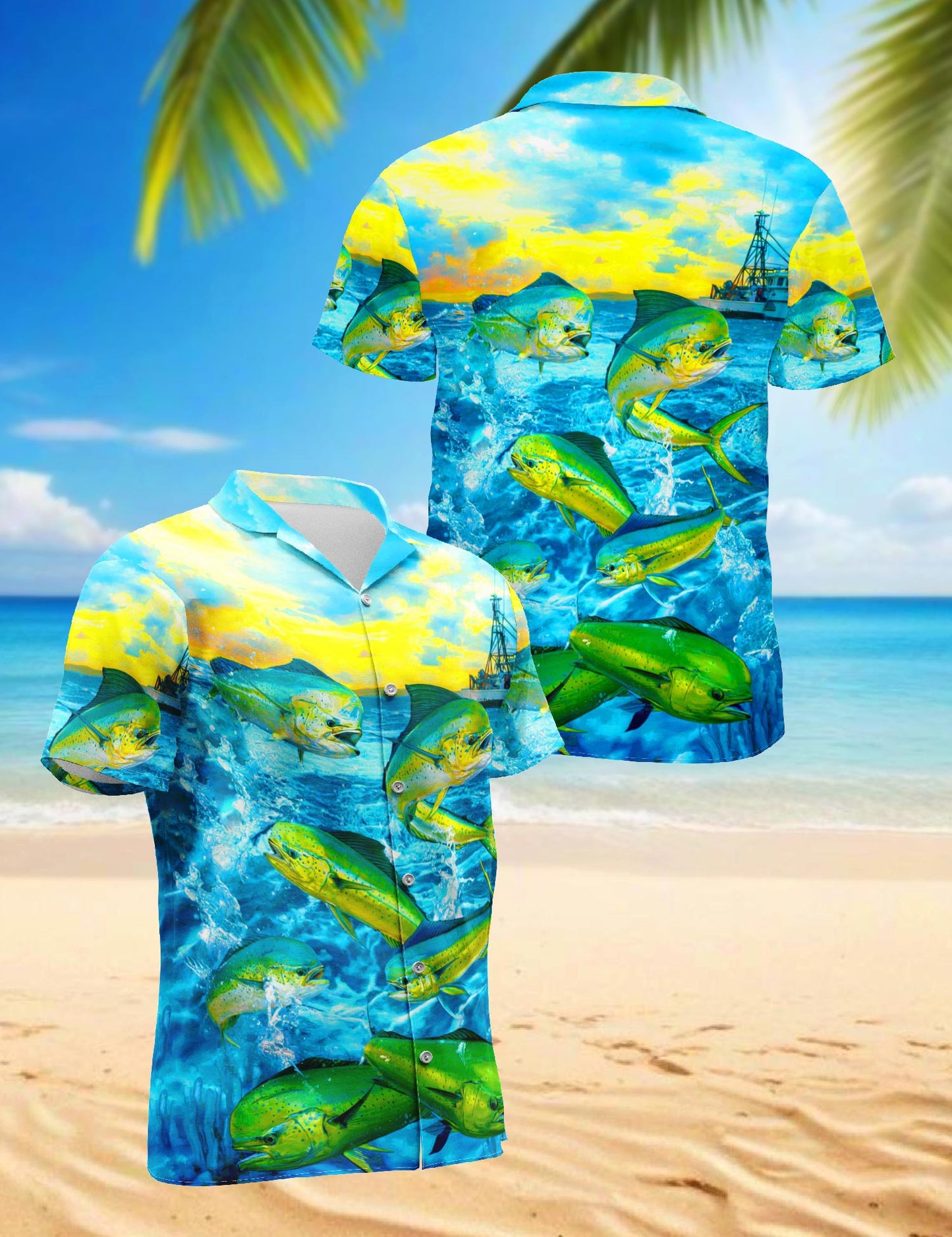 Netecom Fishing Mahi-mahi Hawaiian Shirt for Men, Vintage Style, Button Down Summer Beach Short Sleeve, S-5XL