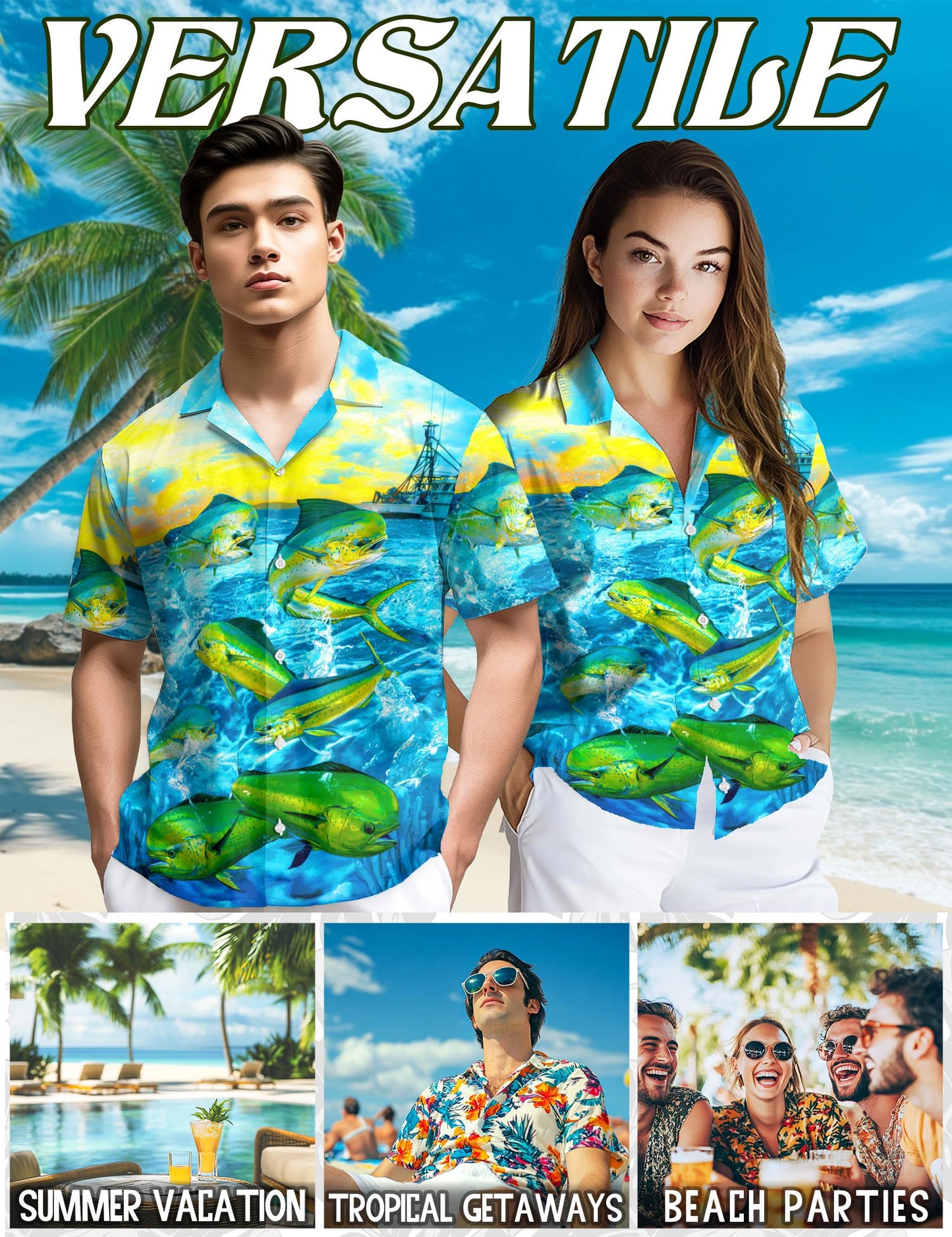 Netecom Fishing Mahi-mahi Hawaiian Shirt for Men, Vintage Style, Button Down Summer Beach Short Sleeve, S-5XL