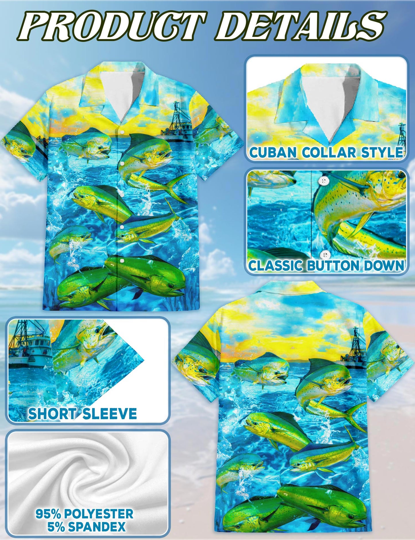 Netecom Fishing Mahi-mahi Hawaiian Shirt for Men, Vintage Style, Button Down Summer Beach Short Sleeve, S-5XL