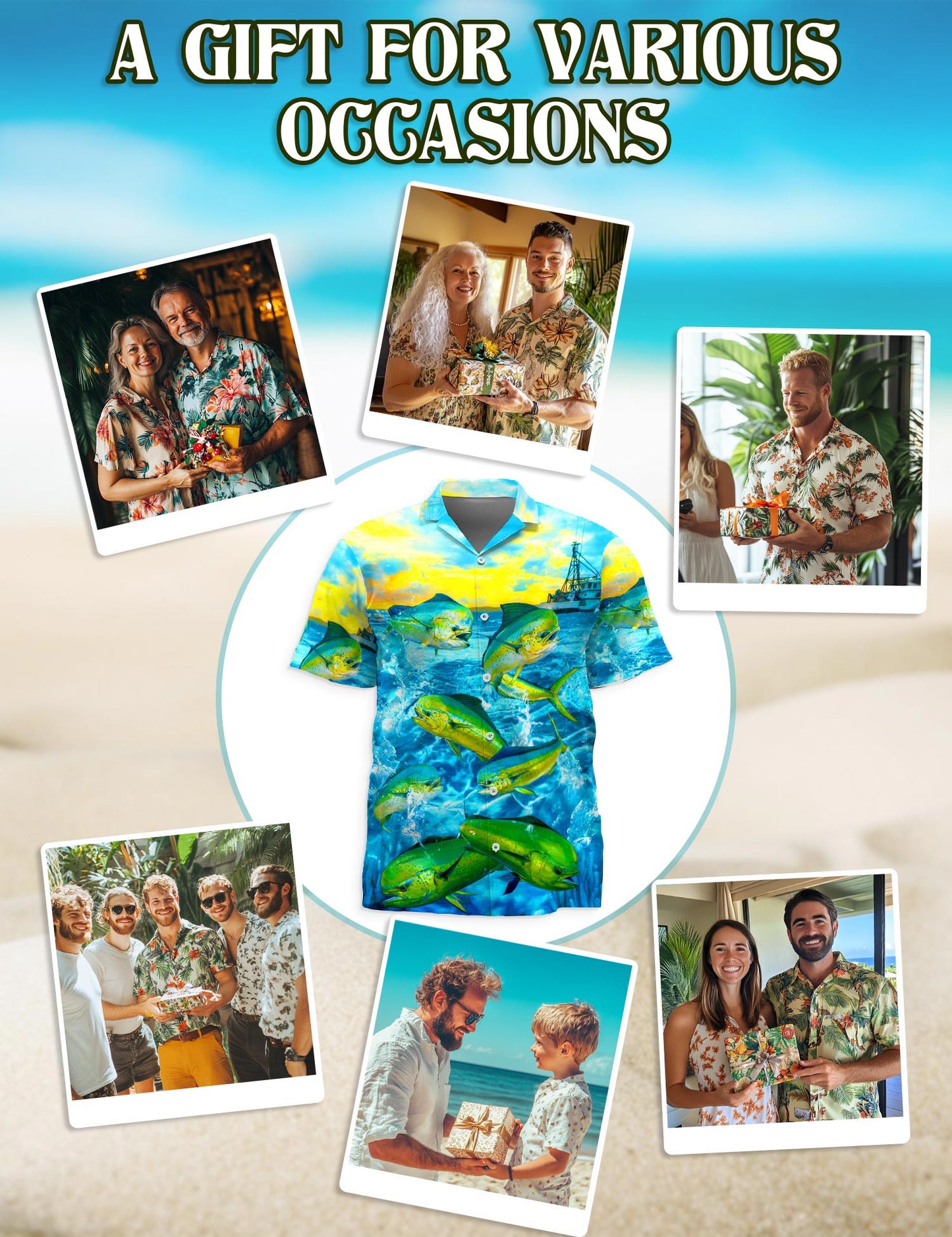 Netecom Fishing Mahi-mahi Hawaiian Shirt for Men, Vintage Style, Button Down Summer Beach Short Sleeve, S-5XL