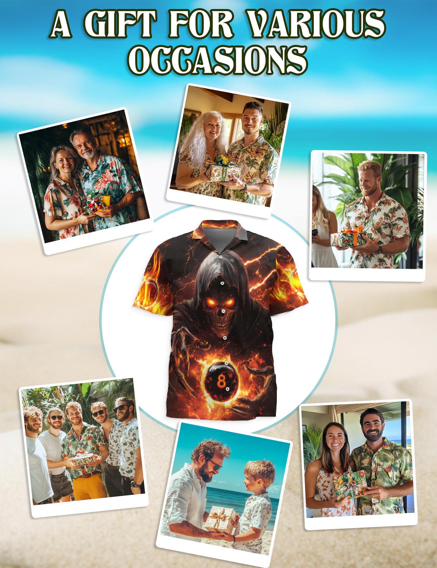 Netecom Flaming Skull 8 Ball Hawaiian Shirt for Men, Dark Pool Style, Button Down Summer Beach Short Sleeve, S-5XL