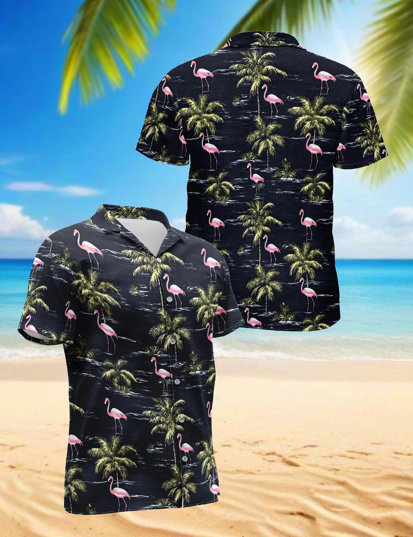 Netecom Flamingo Island Hawaiian Shirt for Men, Tropical Style, Button Down Summer Beach Short Sleeve, S-5XL