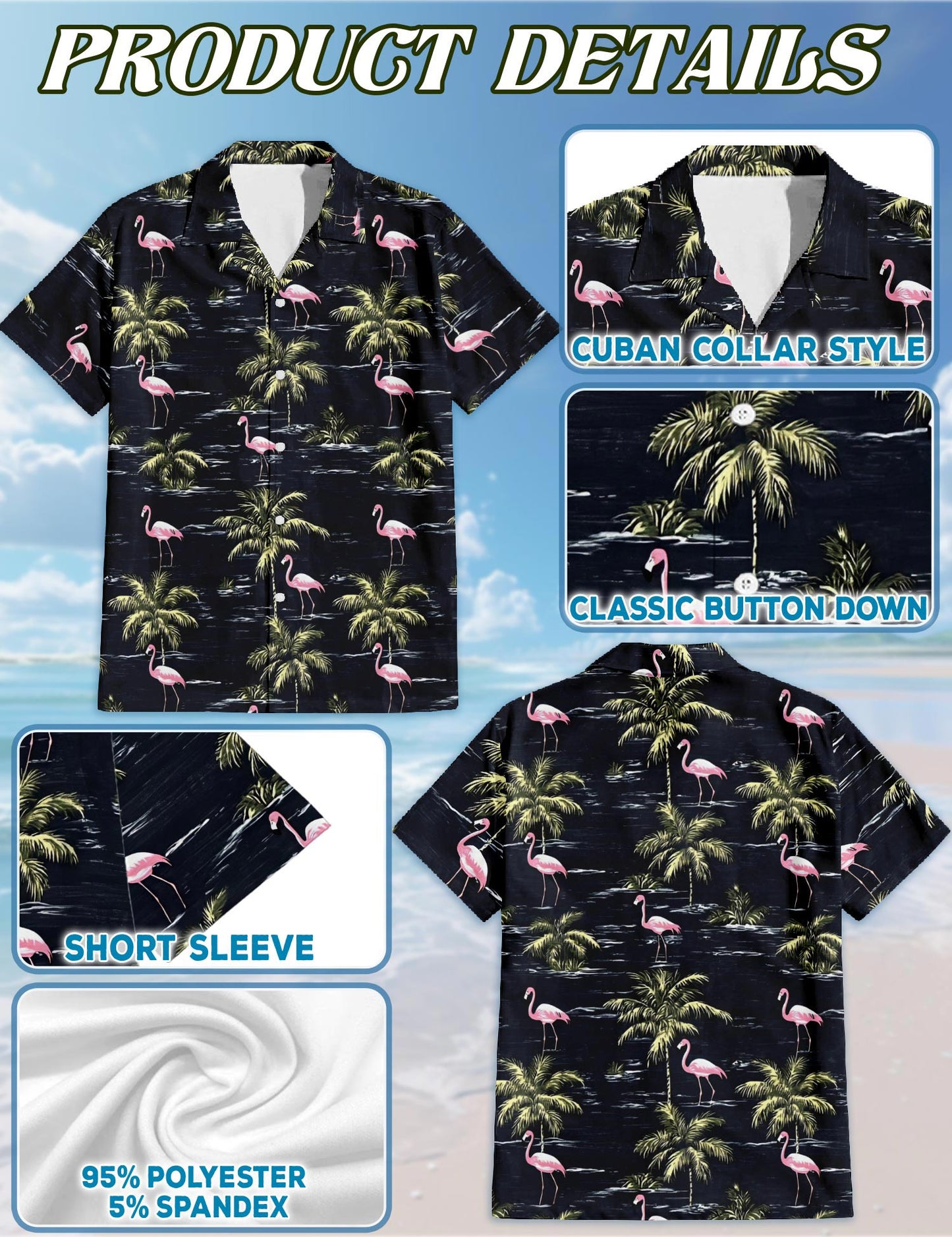 Netecom Flamingo Island Hawaiian Shirt for Men, Tropical Style, Button Down Summer Beach Short Sleeve, S-5XL