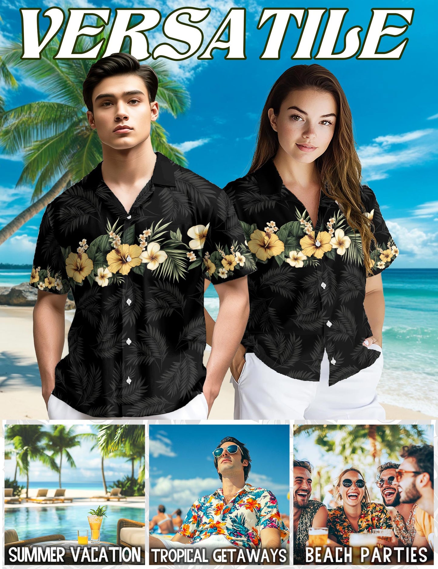 Netecom Floral Black Hawaiian Shirt for Men, Retro Style, Button Down Summer Beach Short Sleeve, S-5XL
