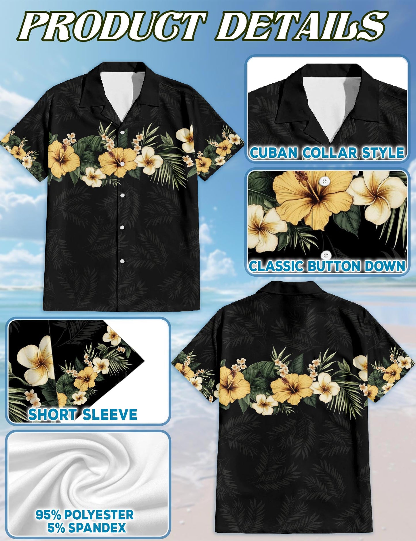 Netecom Floral Black Hawaiian Shirt for Men, Retro Style, Button Down Summer Beach Short Sleeve, S-5XL