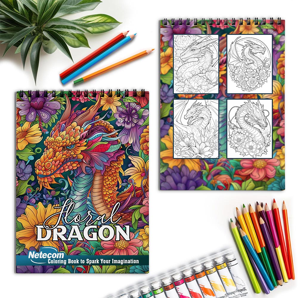Netecom Floral Dragon Spiral Coloring Book for Adults