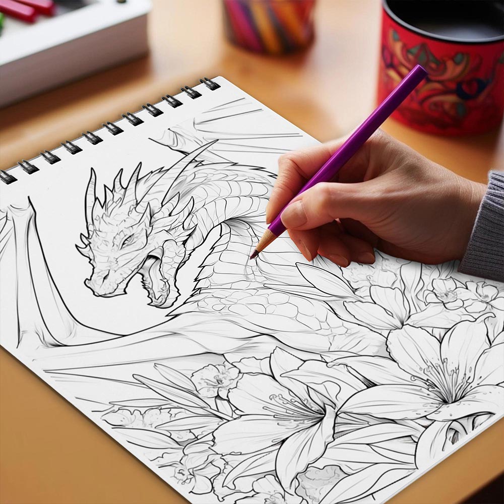 Netecom Floral Dragon Coloring Book Spiral Bound for Adults
