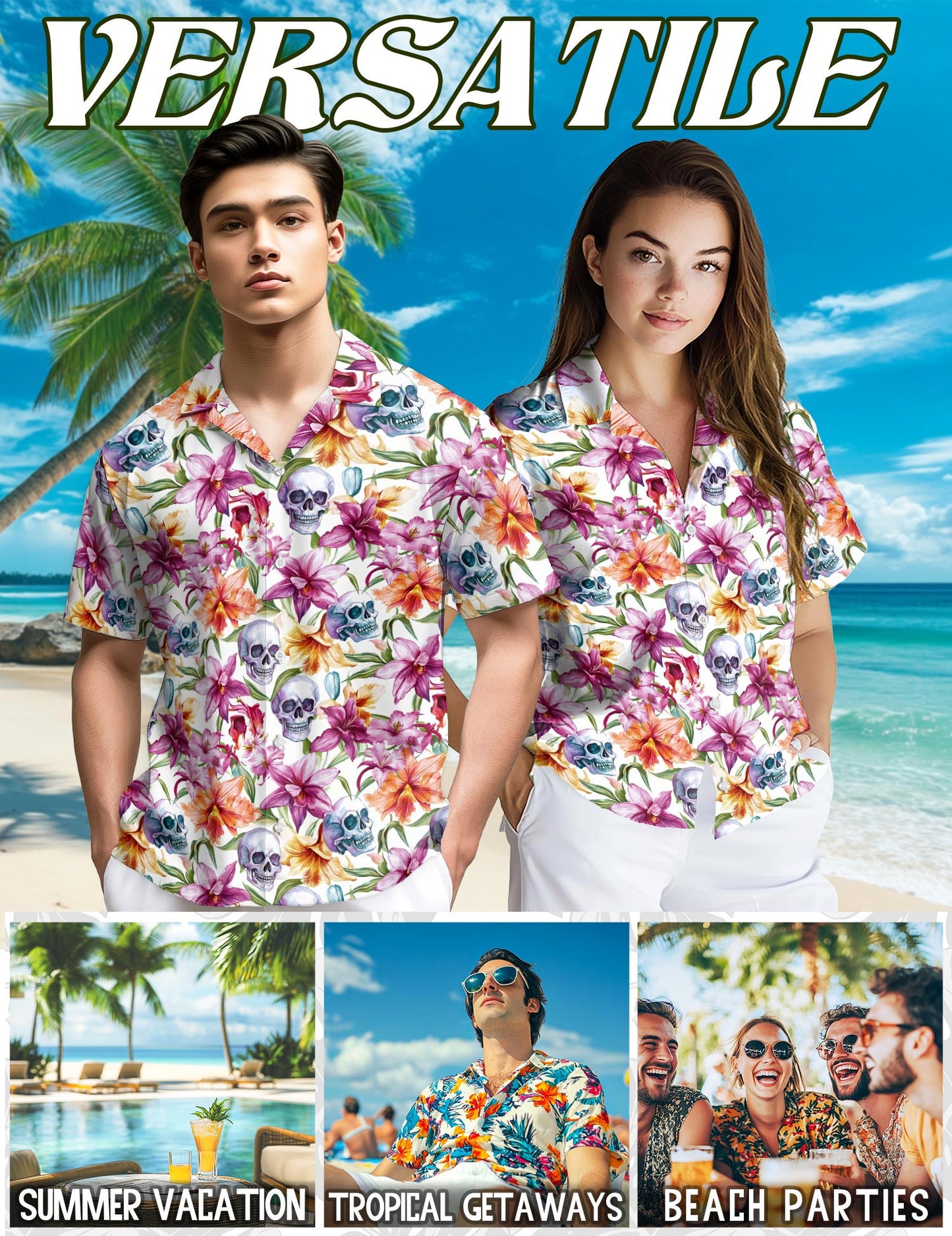 Netecom Floral Skull Hawaiian Shirt for Men, Tropical Style, Button Down Summer Beach Short Sleeve, S-5XL