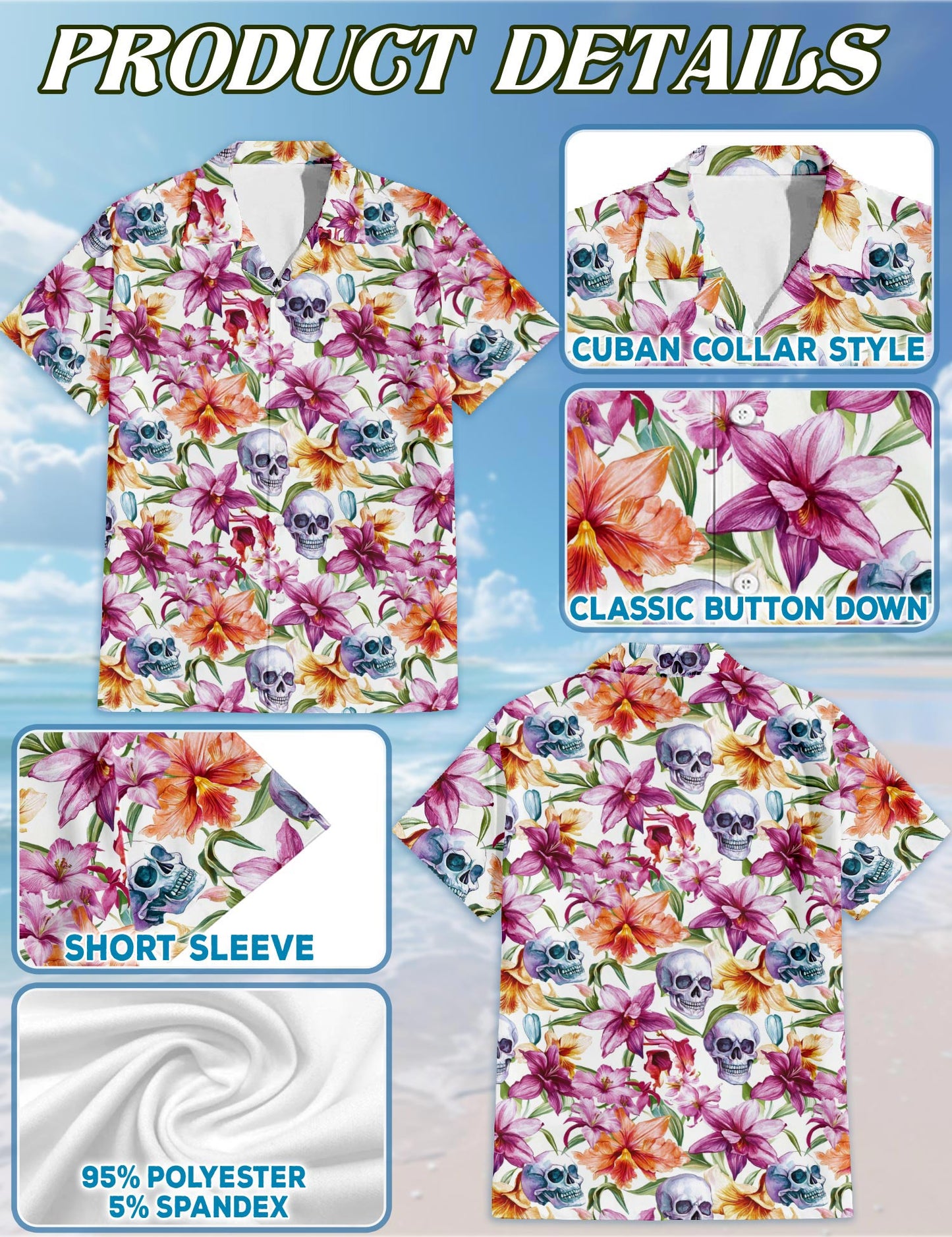 Netecom Floral Skull Hawaiian Shirt for Men, Tropical Style, Button Down Summer Beach Short Sleeve, S-5XL
