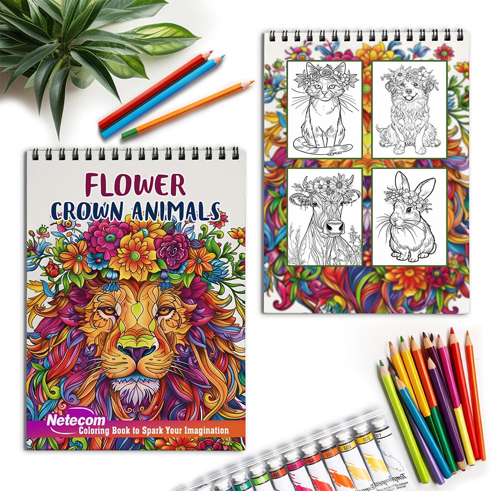 Netecom Flower Crown Animals Spiral Coloring Book for Adults