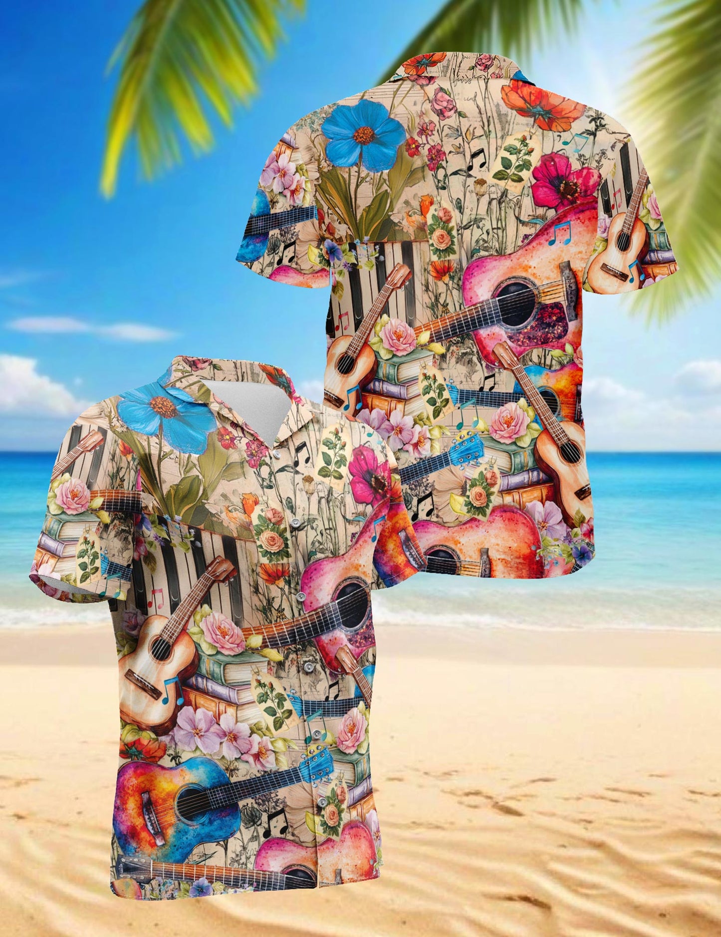 Netecom Flower Ukulele Hawaiian Shirt for Men, Vintage Style, Button Down Summer Beach Short Sleeve, S-5XL