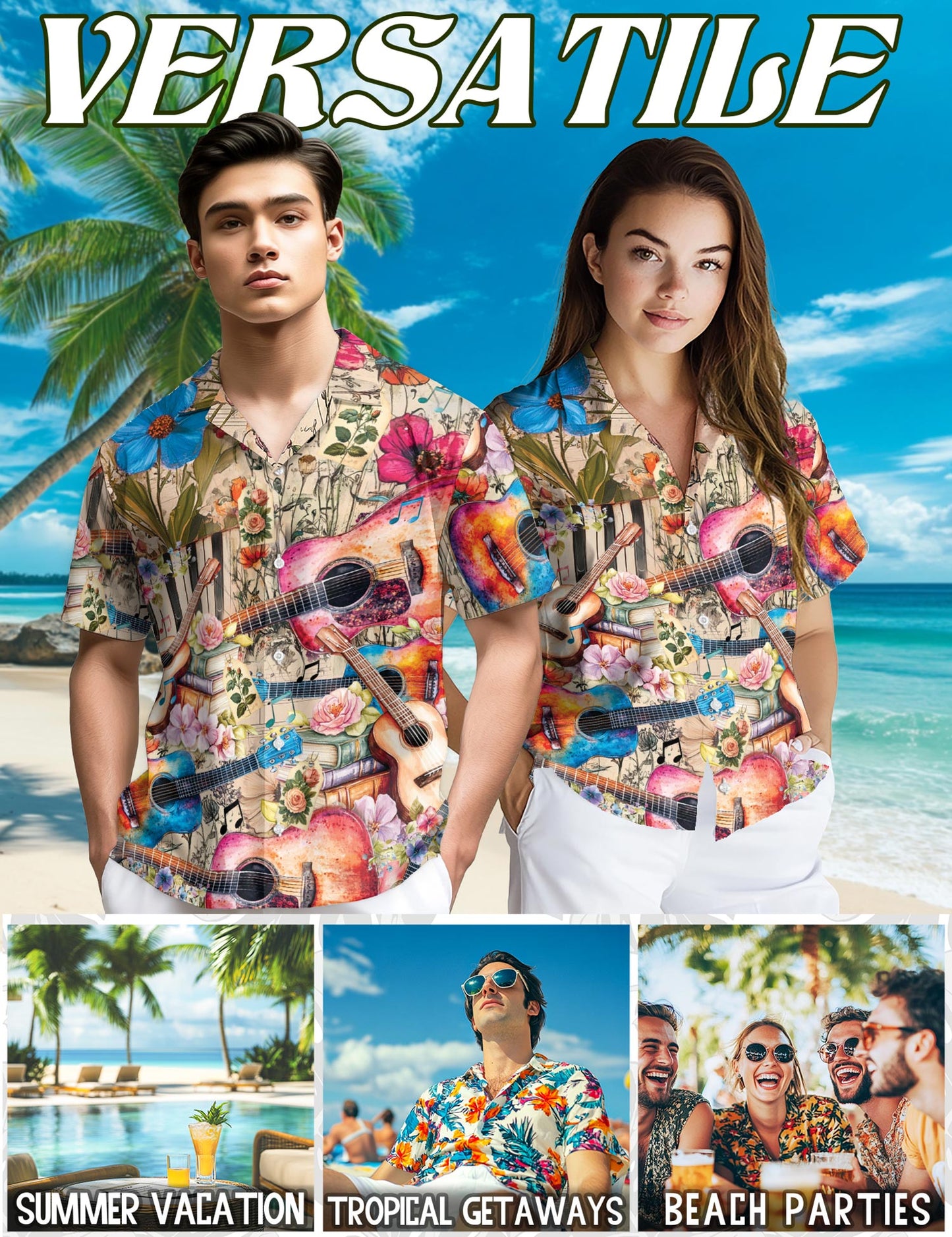 Netecom Flower Ukulele Hawaiian Shirt for Men, Vintage Style, Button Down Summer Beach Short Sleeve, S-5XL