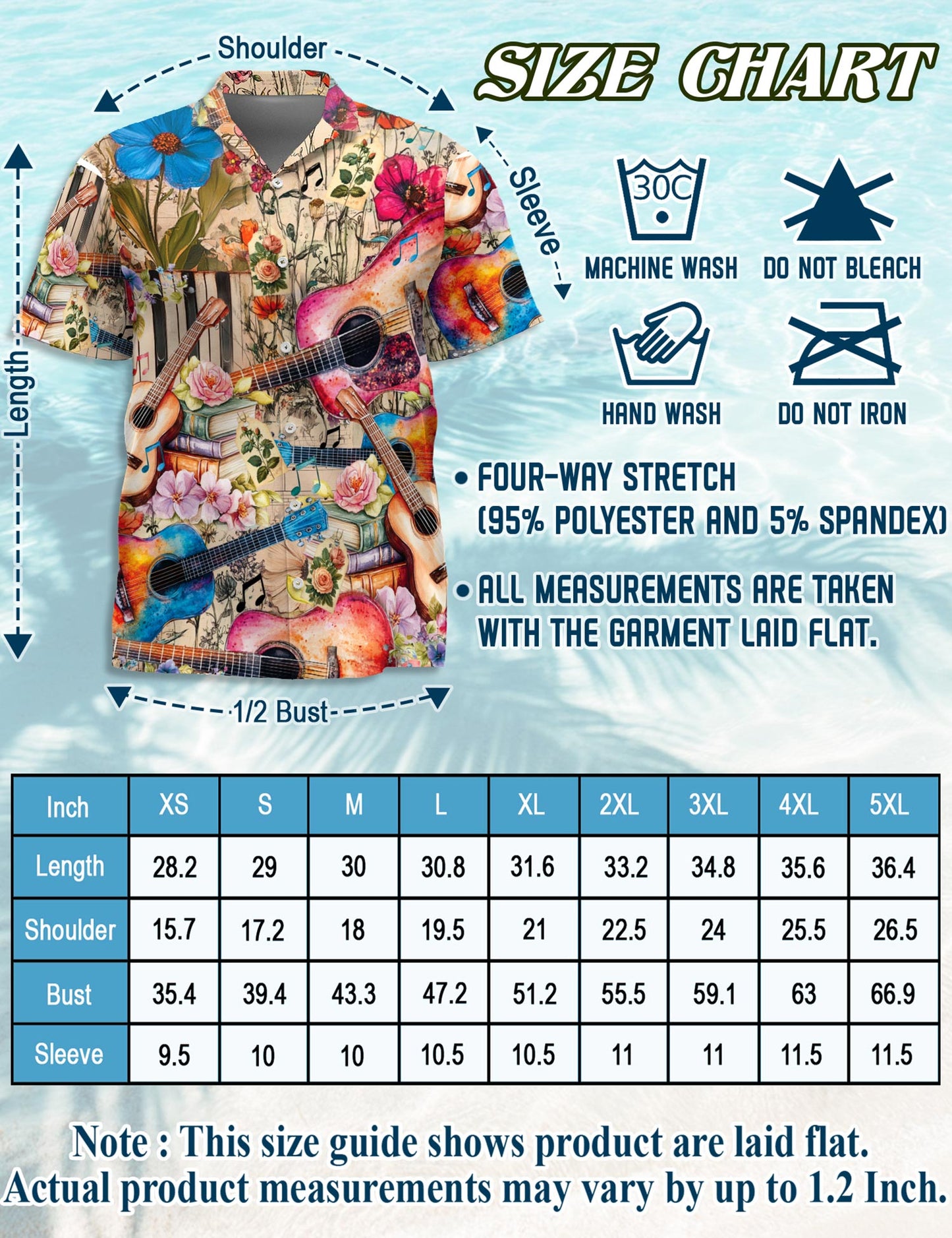 Netecom Flower Ukulele Hawaiian Shirt for Men, Vintage Style, Button Down Summer Beach Short Sleeve, S-5XL