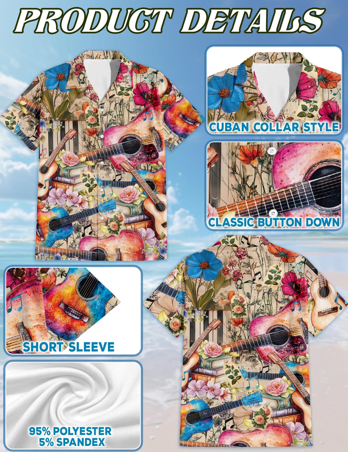 Netecom Flower Ukulele Hawaiian Shirt for Men, Vintage Style, Button Down Summer Beach Short Sleeve, S-5XL