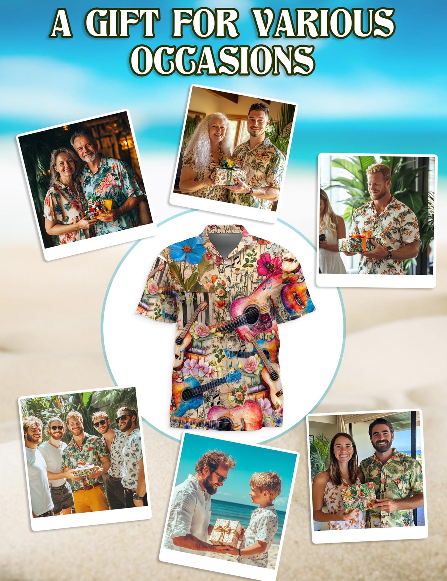 Netecom Flower Ukulele Hawaiian Shirt for Men, Vintage Style, Button Down Summer Beach Short Sleeve, S-5XL
